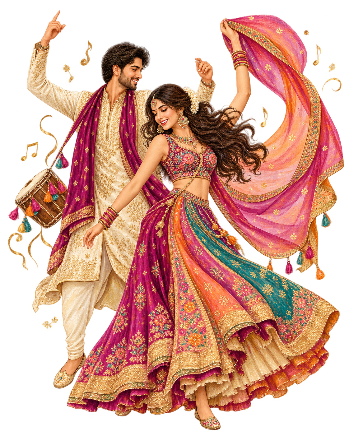 A couple dancing in colorful traditional clothing