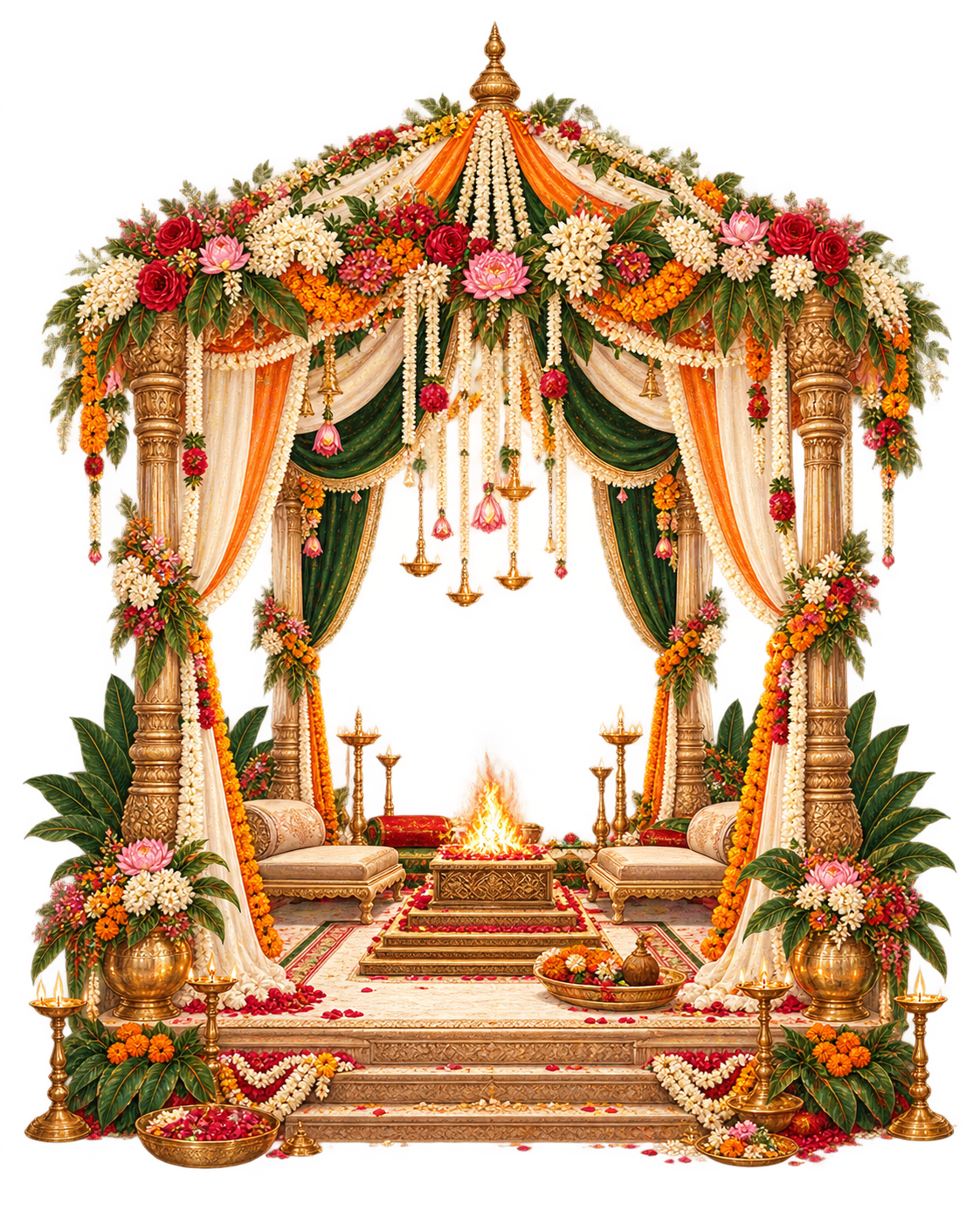 A flower-draped wedding mandap with a sacred fire